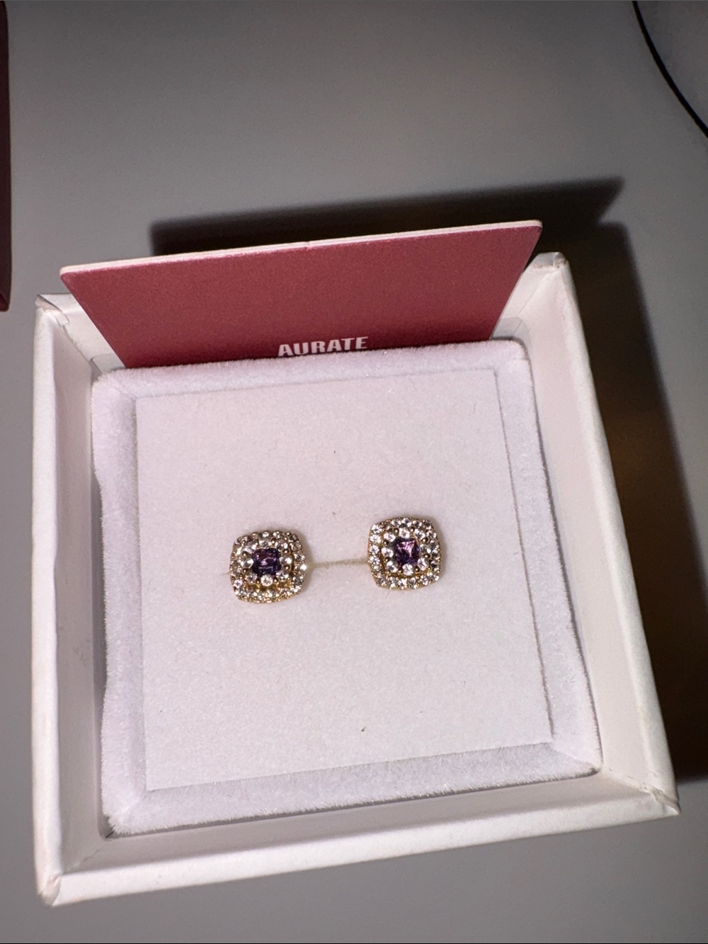 Aurate Gold and Purple Cushion-Cut Earrings like new - Picture 7 of 8